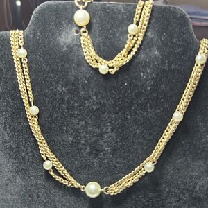 Vtg 1970s Emmons Scenario Faux Pearl Bead Gold Tone Chain Necklace Bracelet Set